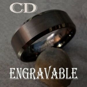 Engraved Men's Real Matte Black Tungsten Wedding Ring  Durable Black Powder Coat